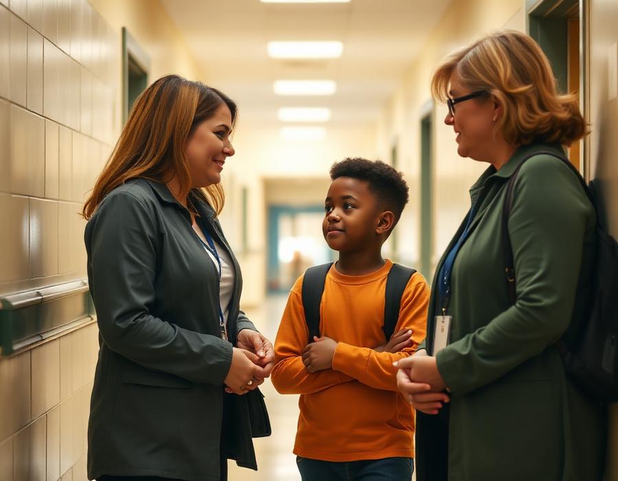 Two school staff members speaking with a student in a hallway