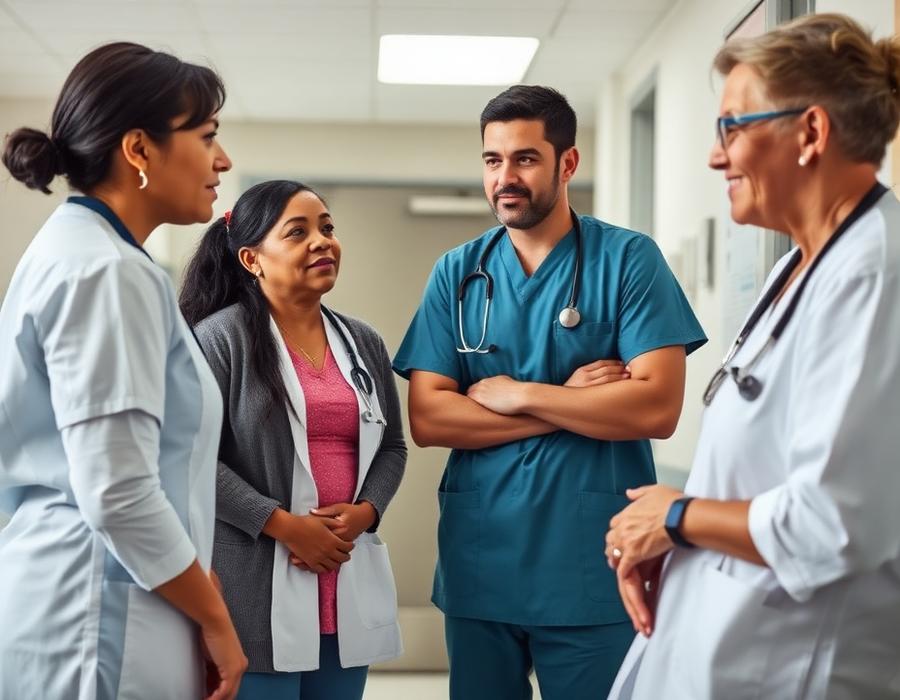 A clinical care team in calm conversation at a hospital station