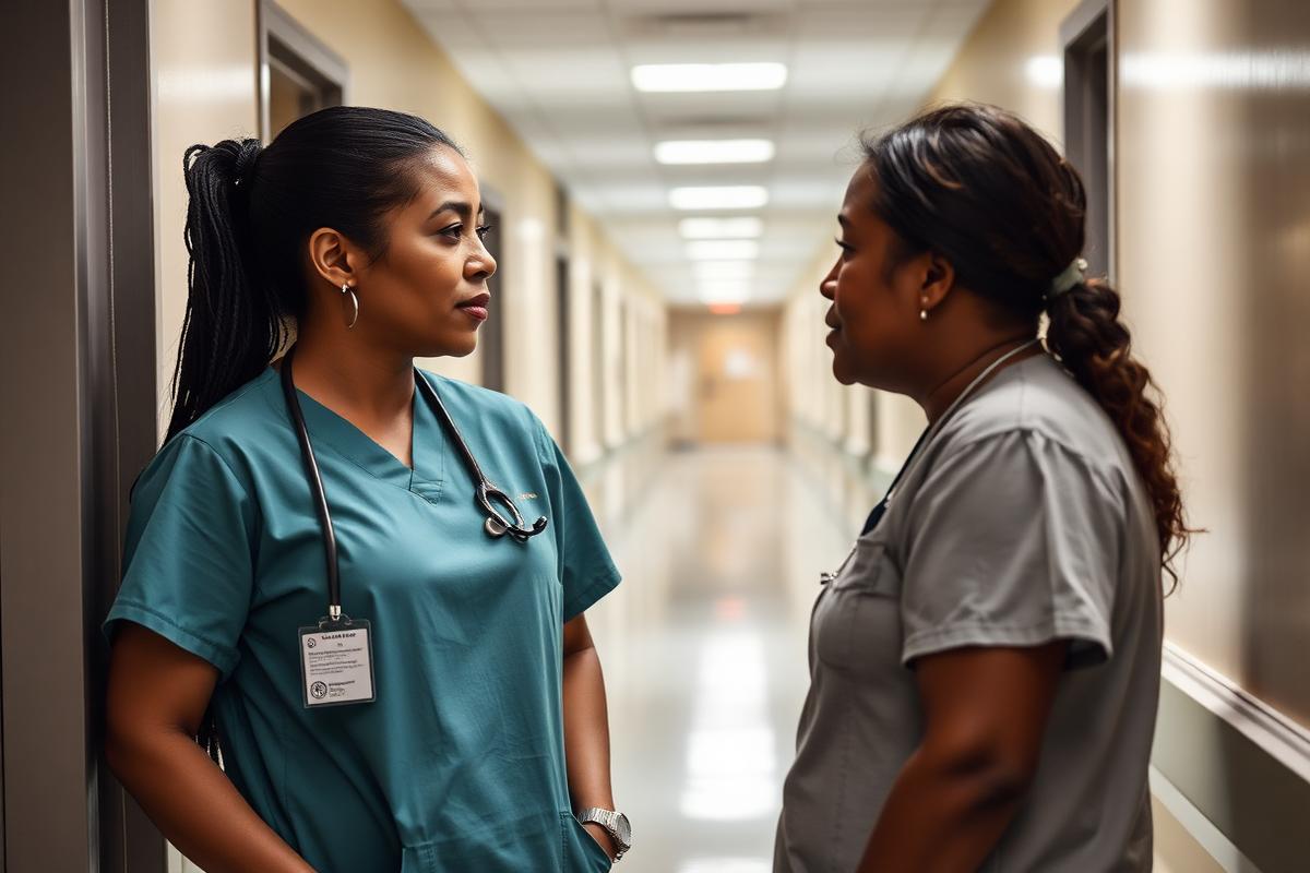 A clinician in scrubs speaking calmly with a colleague in a hospital corridor