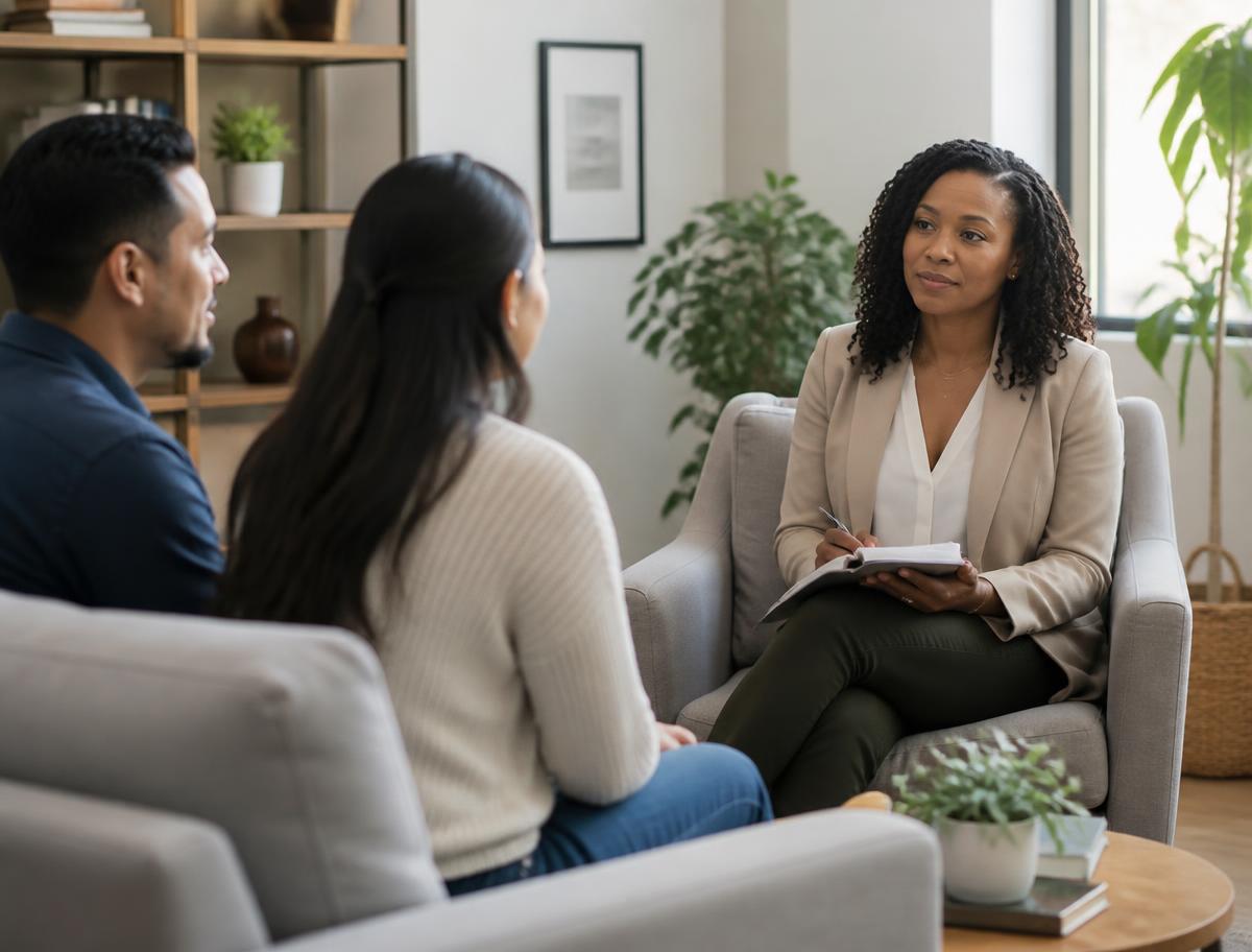 A counselor listening to a diverse couple seated on a couch in a bright counseling office
