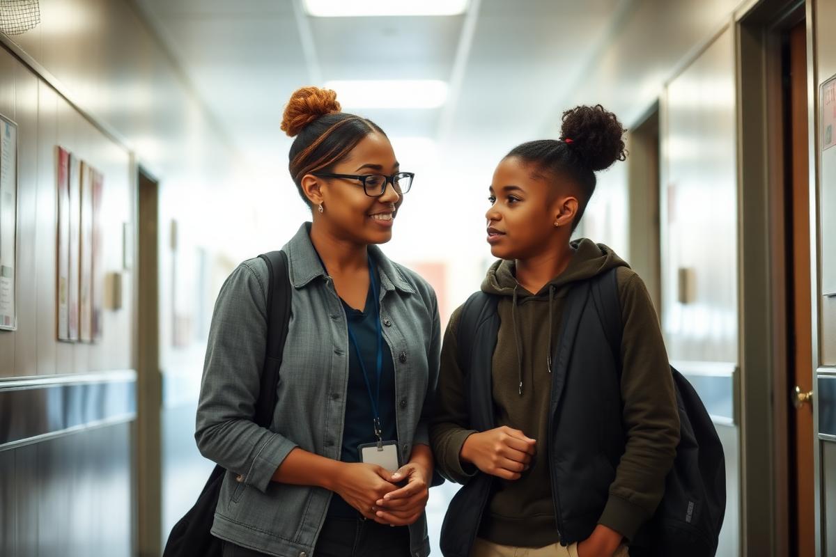 A teacher speaking calmly with a student in a school hallway