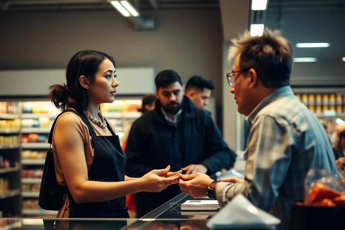 A retail associate assisting a frustrated customer at a store counter