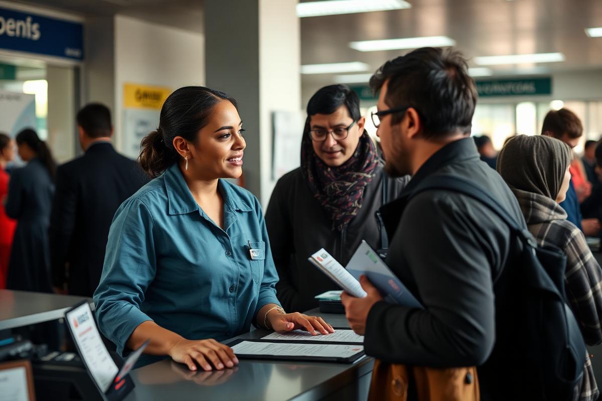 A public agency worker assisting members of the public at a service counter