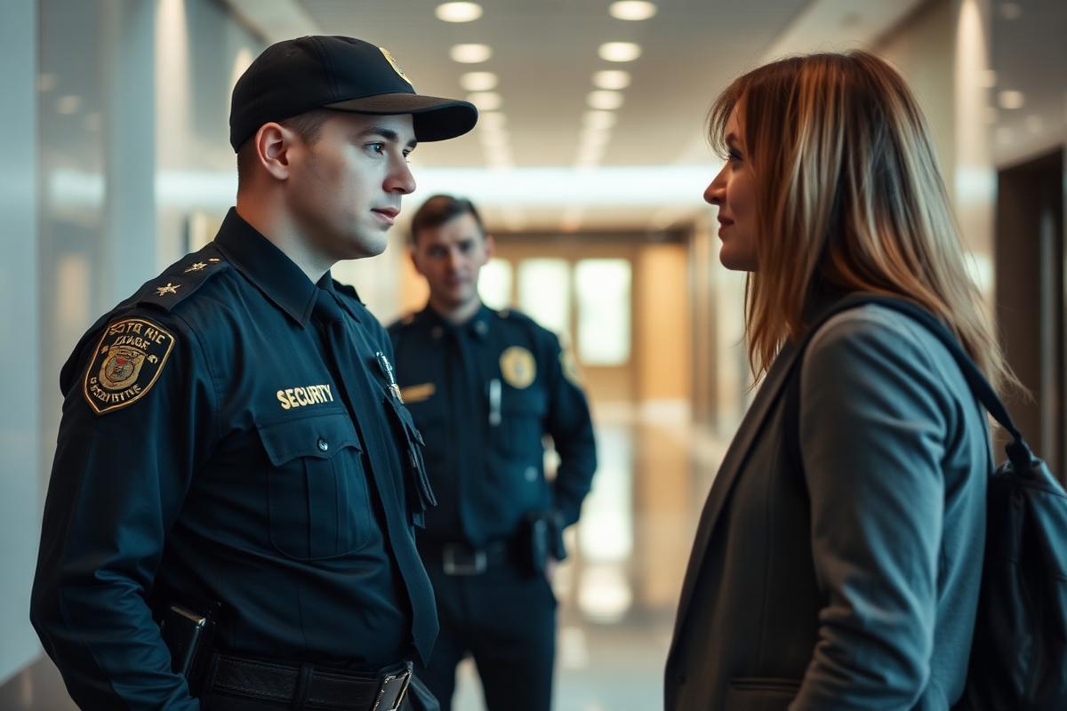 A security officer calmly speaking with a visitor in a building lobby
