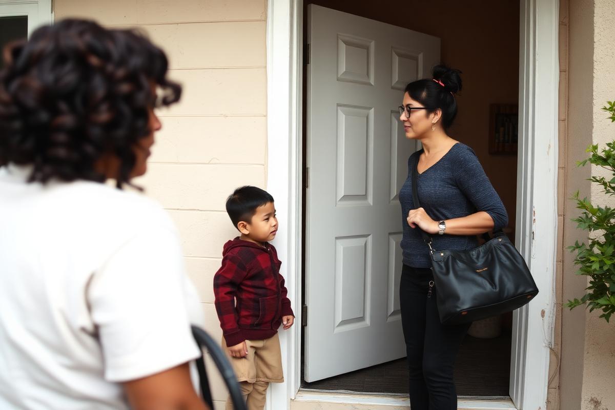 A caseworker speaking with a family at the doorway of a home